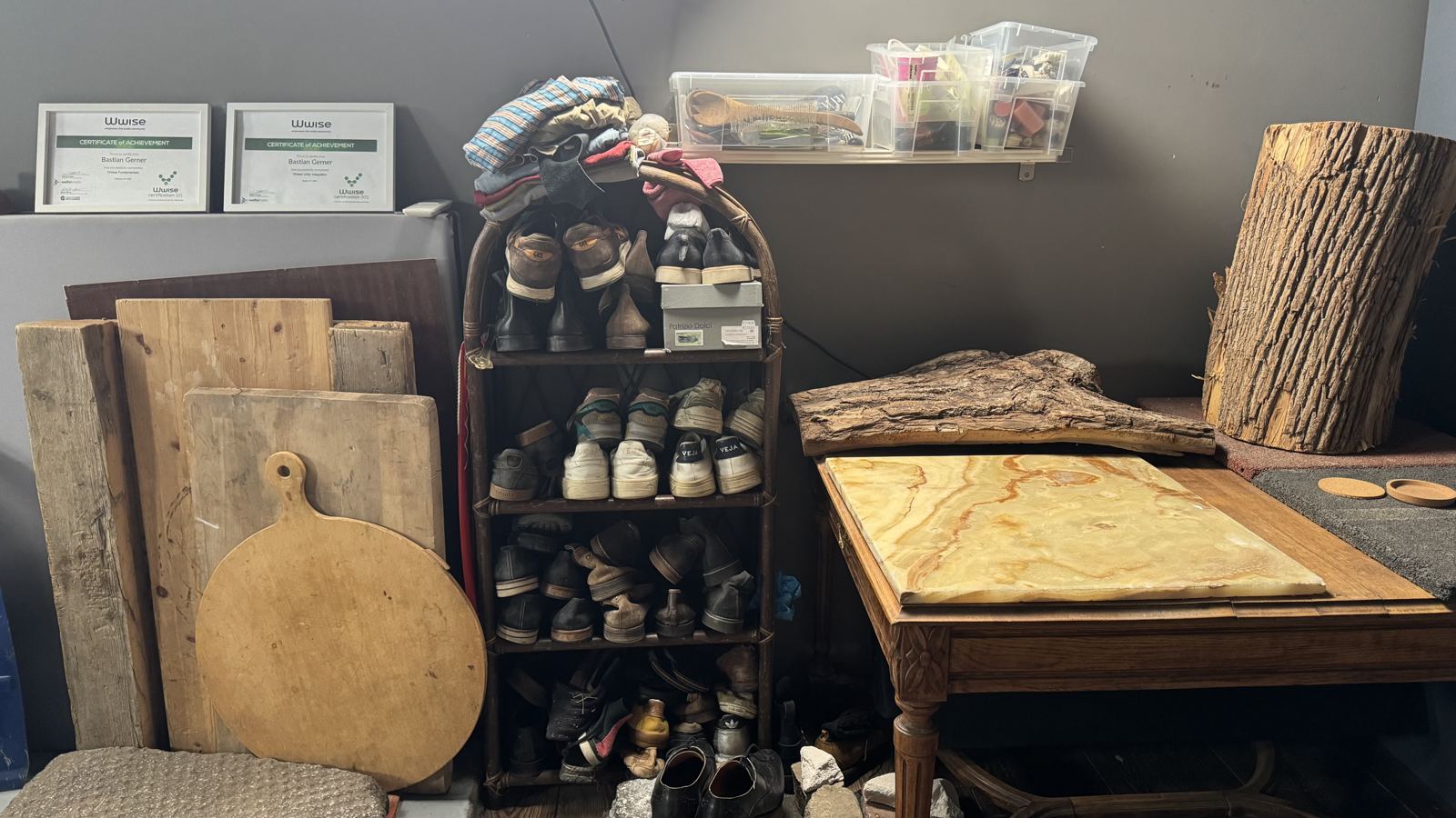 Shoe rack and walking surfaces